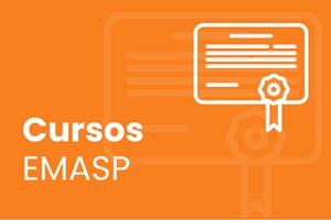 Banner com fundo em laranja apresenta o título: Cursos EMASP. Ilustração de certificado no canto superior direito